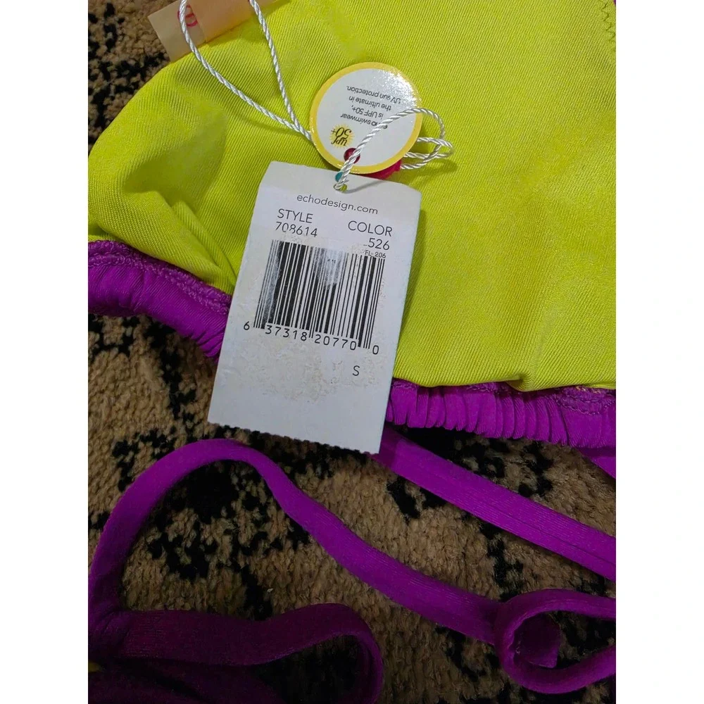 Echo Design Womens Reversible Bikini Set Purple Neon Green UPF 50+ Small NWT